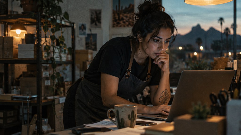 A small-business owner in an apron leaning over a laptop on a cluttered back-office desk late in the day, photographed in Phoenix