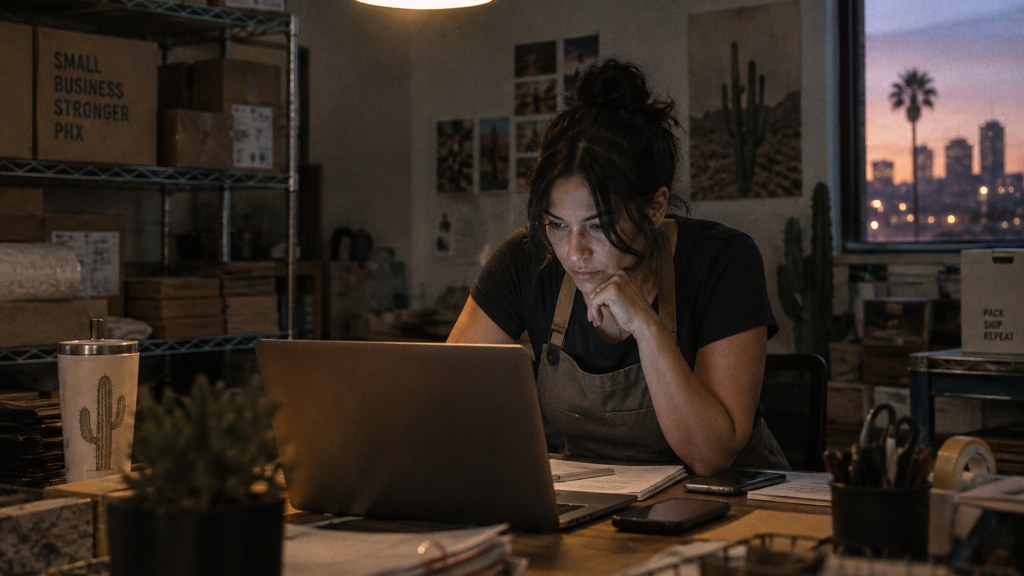A small-business owner in an apron leaning over a laptop on a cluttered back-office desk late in the day, photographed in Phoenix
