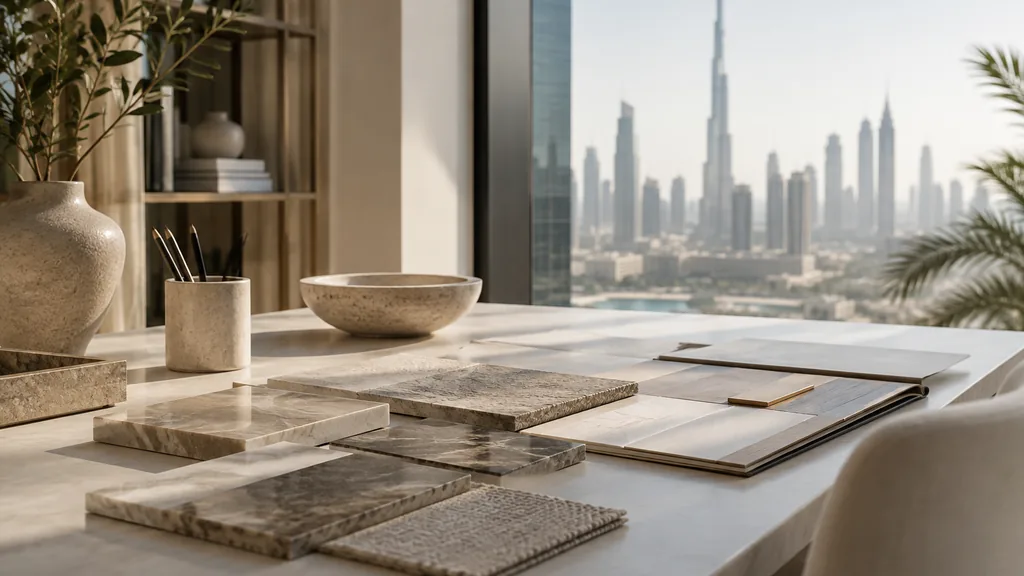 A Dubai branding studio desk with brand boards on pale stone in bright desert daylight