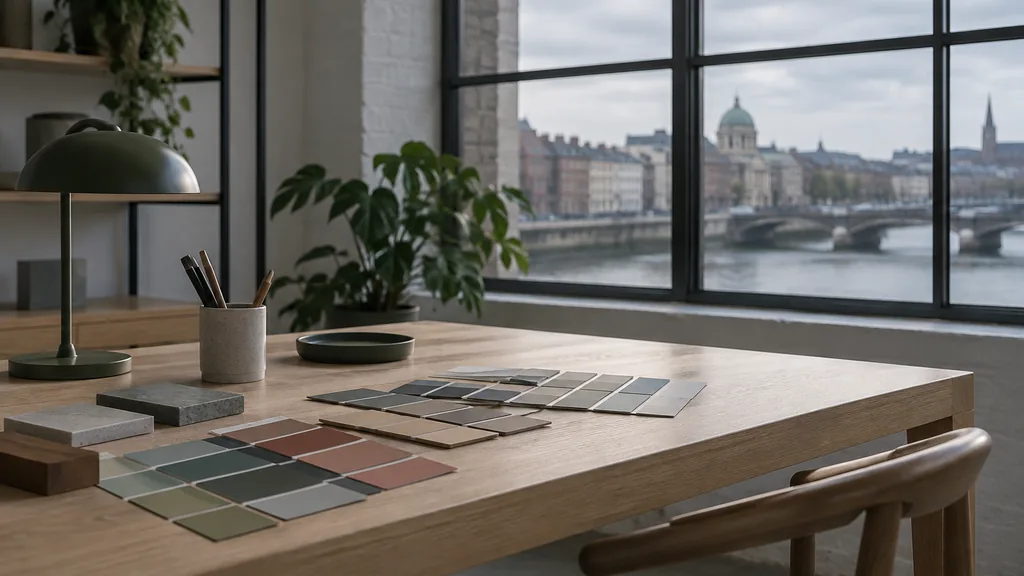 A Dublin studio desk with colour chips on light oak in soft grey daylight