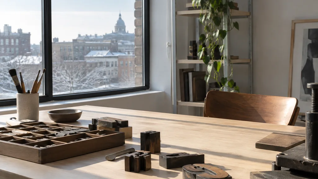 A Montreal studio desk with printed type specimens on birch in clear winter light