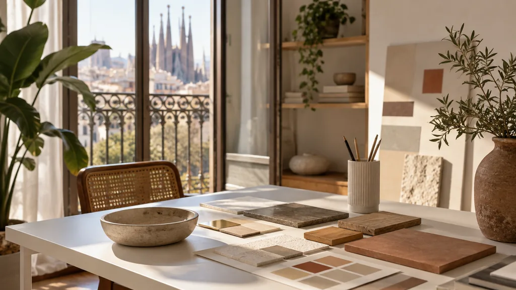 A Barcelona studio desk with brand boards on white in warm Mediterranean light
