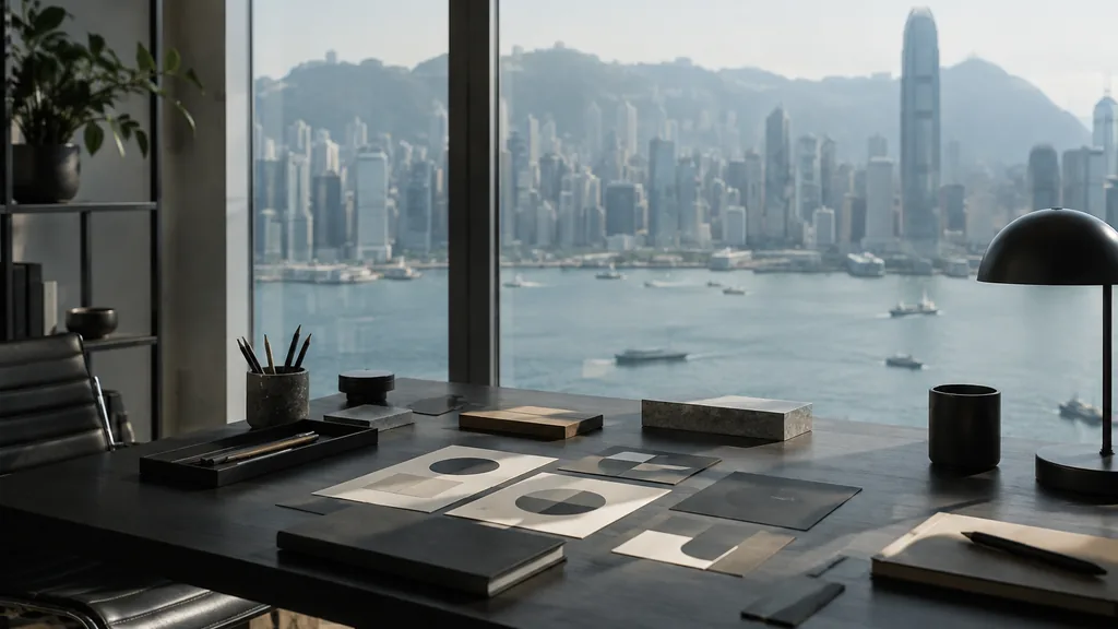 A Hong Kong high-rise studio desk with logo studies on dark wood in harbour daylight