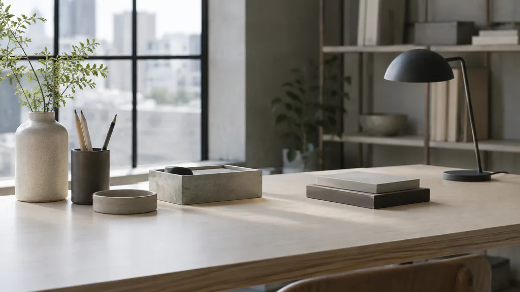 A Tokyo studio desk with minimal type specimens on pale wood in soft diffused light