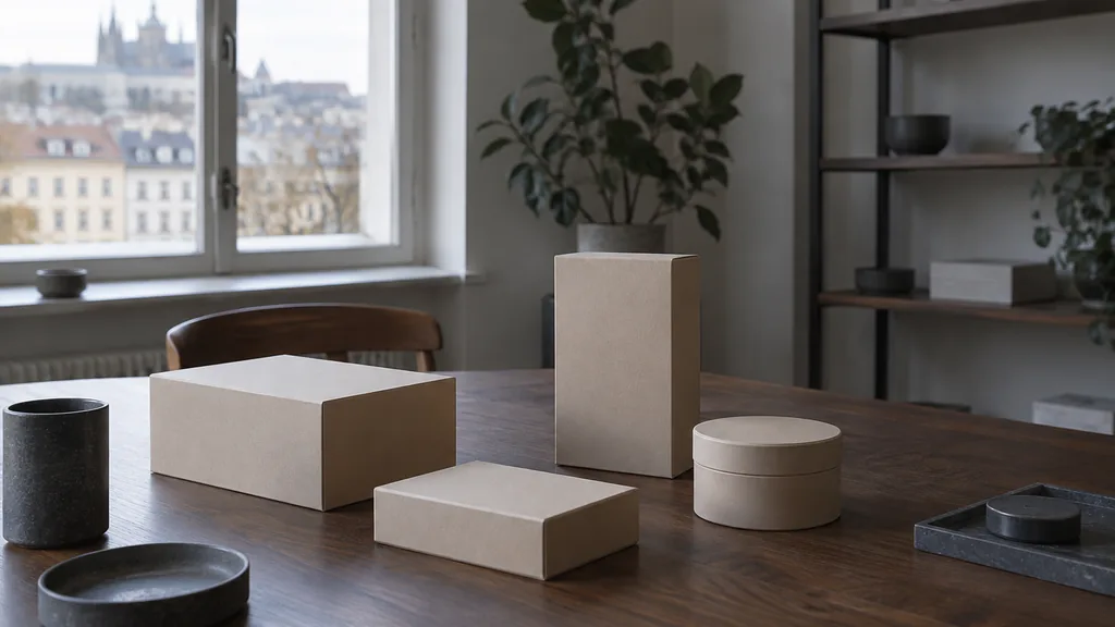 A Prague studio desk with packaging mock-ups on walnut in cool north light