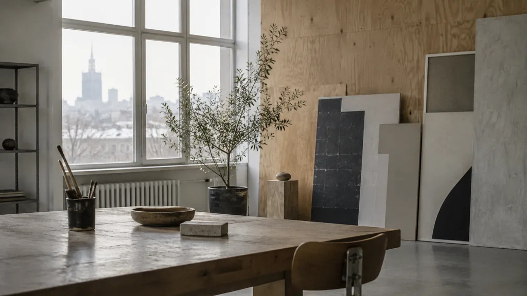 A Warsaw studio wall with identity boards leaning on plywood in pale winter light