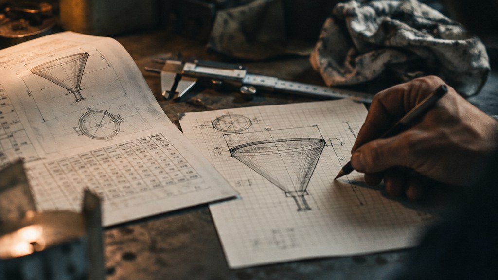 Hand-drawn funnel sketch on graph paper beside printed datasheet pages and a caliper