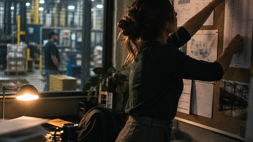 Manufacturing marketing manager pinning printed analytics exports and a distributor list to a corkboard in a plant-side office
