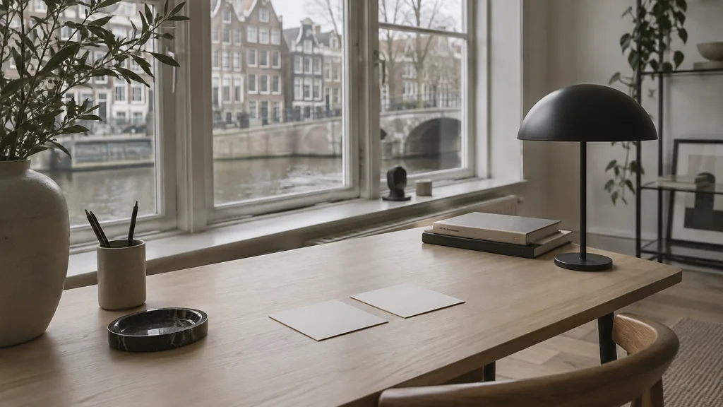 An Amsterdam content studio desk with editorial cards on pale oak in soft canal-side light