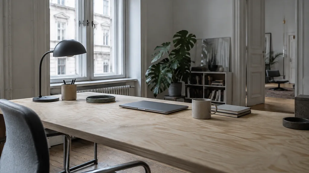 A Berlin content studio desk with printed drafts on grey concrete in cool north light