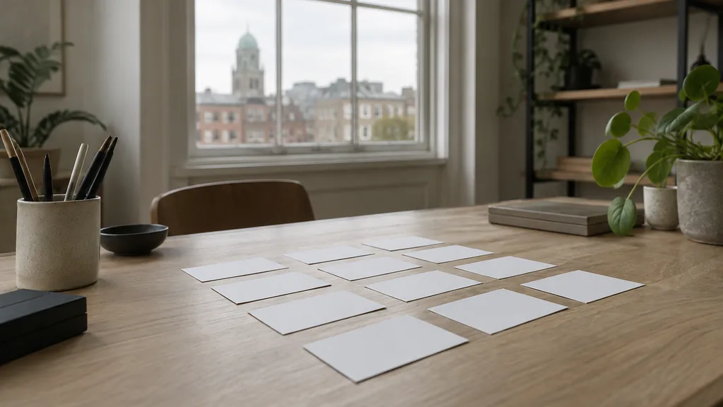 A Dublin content studio desk with article outlines on dark oak in grey morning light