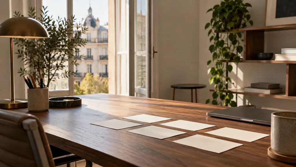 A Madrid content studio desk with planning cards on light wood in warm afternoon light