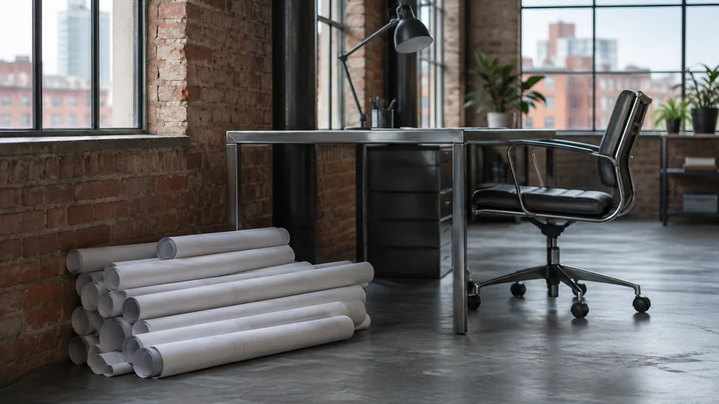 A Manchester brick loft desk with stacked notebooks beside steel in cool daylight