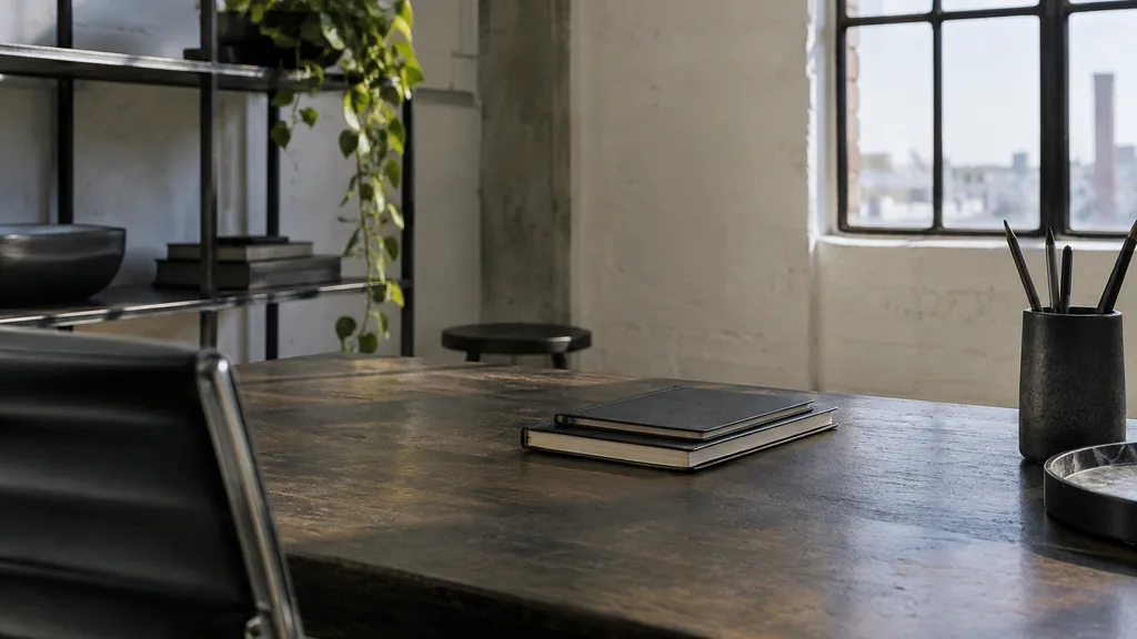 A Melbourne content studio desk with story boards pinned above birch in soft southern light