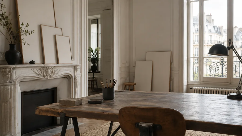 A Paris content studio desk with printed article drafts on marble in tall-window light