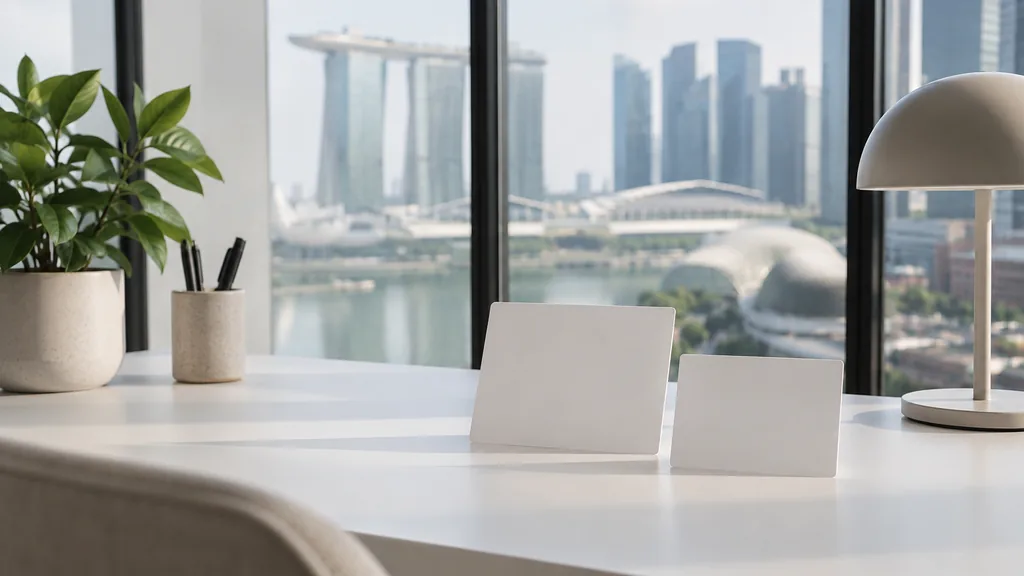 A Singapore content studio desk with editorial cards on teak in bright diffused light