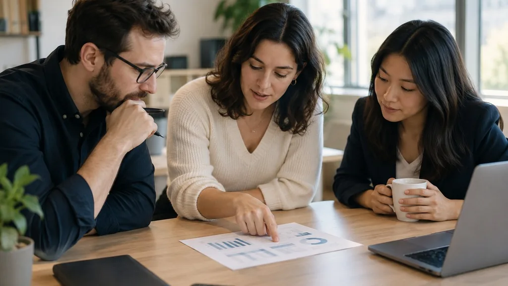 Three colleagues around a meeting table studying a single printed one-page weekly scorecard beside a laptop in a bright office