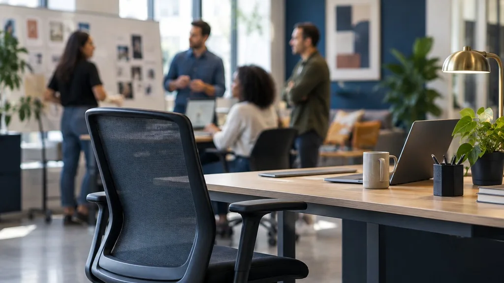 Empty ergonomic office chair at a clean desk with a marketing team collaborating in the blurred background