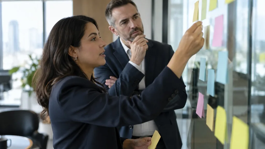 Consultant and client sponsor mapping a 90-day timeline on a glass wall with sticky notes in a modern office