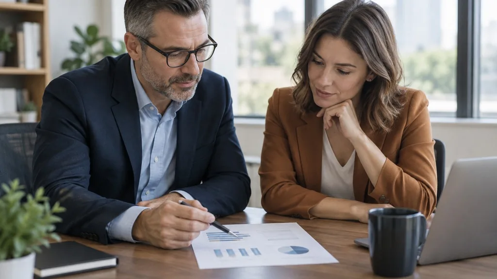 Finance lead and marketing lead reviewing a single printed one-page performance report together at a desk