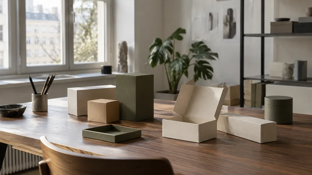 An empty workspace on a Vienna studio desk of walnut with folded packaging samples in soft window light