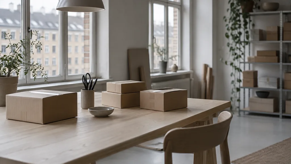An empty workspace on a Copenhagen studio desk of light ash with unbranded parcels in soft overcast light