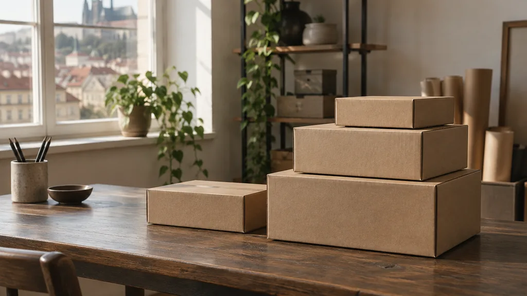An empty workspace on a Prague studio desk of dark oak with plain mailer boxes stacked in warm afternoon light