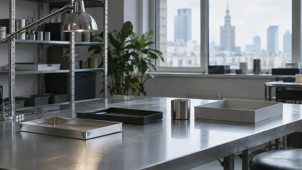 An empty workspace on a Warsaw steel studio desk with empty product trays in cool daylight