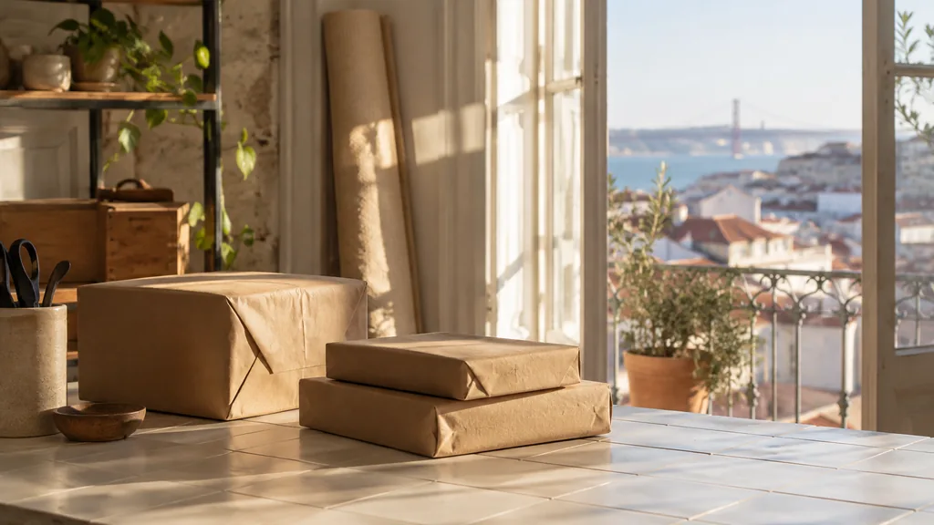 An empty workspace on a Lisbon studio surface of pale tile with plain kraft parcels in warm coastal light