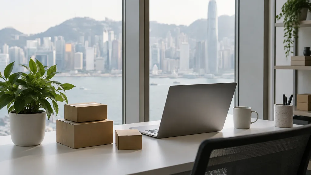 An empty workspace on a Hong Kong high-rise studio desk in white with small unbranded cartons in bright diffused light