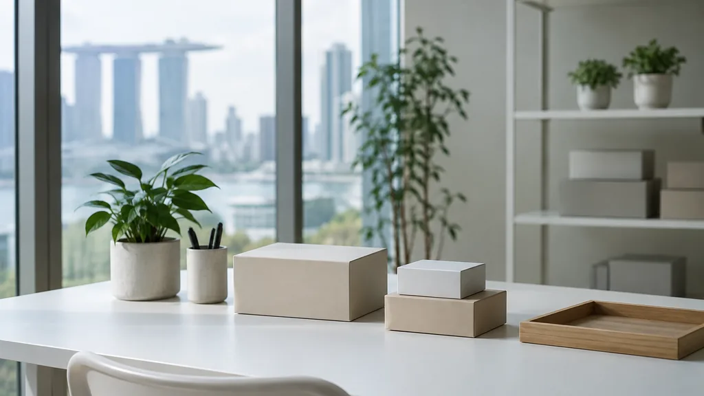 An empty workspace on a Singapore studio desk in white with neat product boxes in bright diffused light