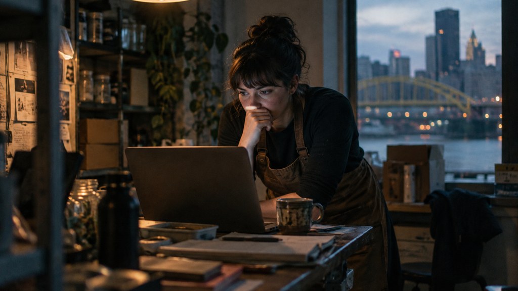 A small-business owner in an apron leaning over a laptop on a cluttered back-office desk late in the day, photographed in Pittsburgh