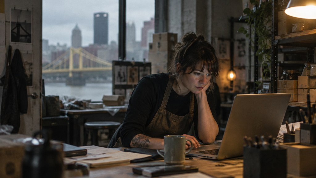 A small-business owner in an apron leaning over a laptop on a cluttered back-office desk late in the day, photographed in Pittsburgh