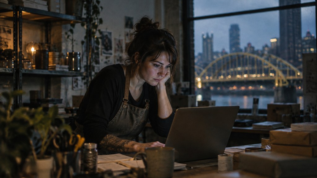 A small-business owner in an apron leaning over a laptop on a cluttered back-office desk late in the day, photographed in Pittsburgh