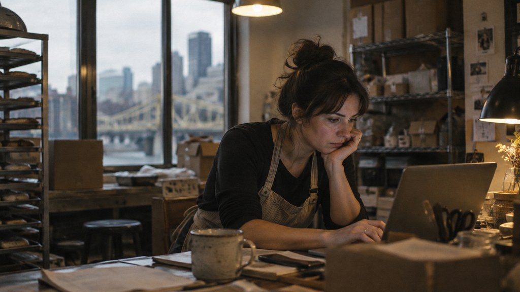 A small-business owner in an apron leaning over a laptop on a cluttered back-office desk late in the day, photographed in Pittsburgh