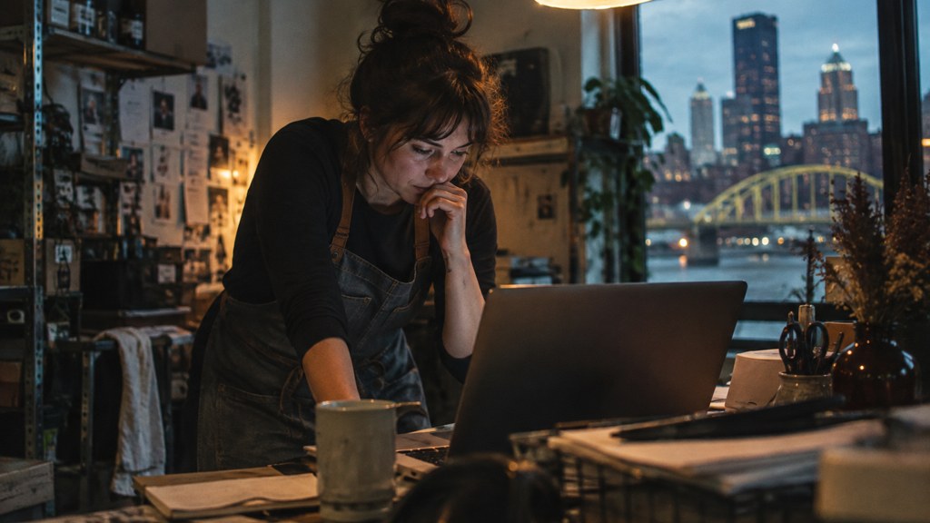 A small-business owner in an apron leaning over a laptop on a cluttered back-office desk late in the day, photographed in Pittsburgh