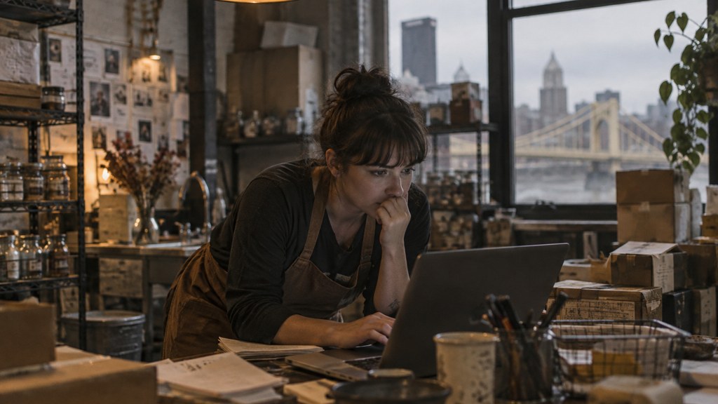 A small-business owner in an apron leaning over a laptop on a cluttered back-office desk late in the day, photographed in Pittsburgh
