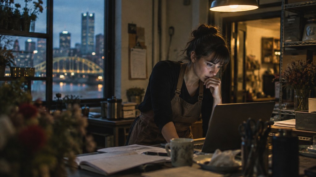 A small-business owner in an apron leaning over a laptop on a cluttered back-office desk late in the day, photographed in Pittsburgh
