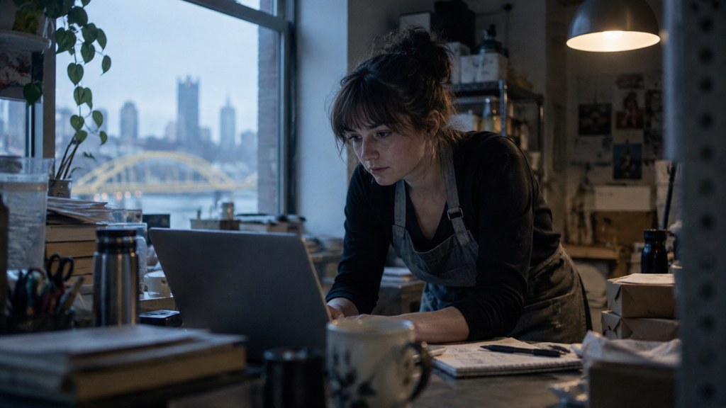 A small-business owner in an apron leaning over a laptop on a cluttered back-office desk late in the day, photographed in Pittsburgh