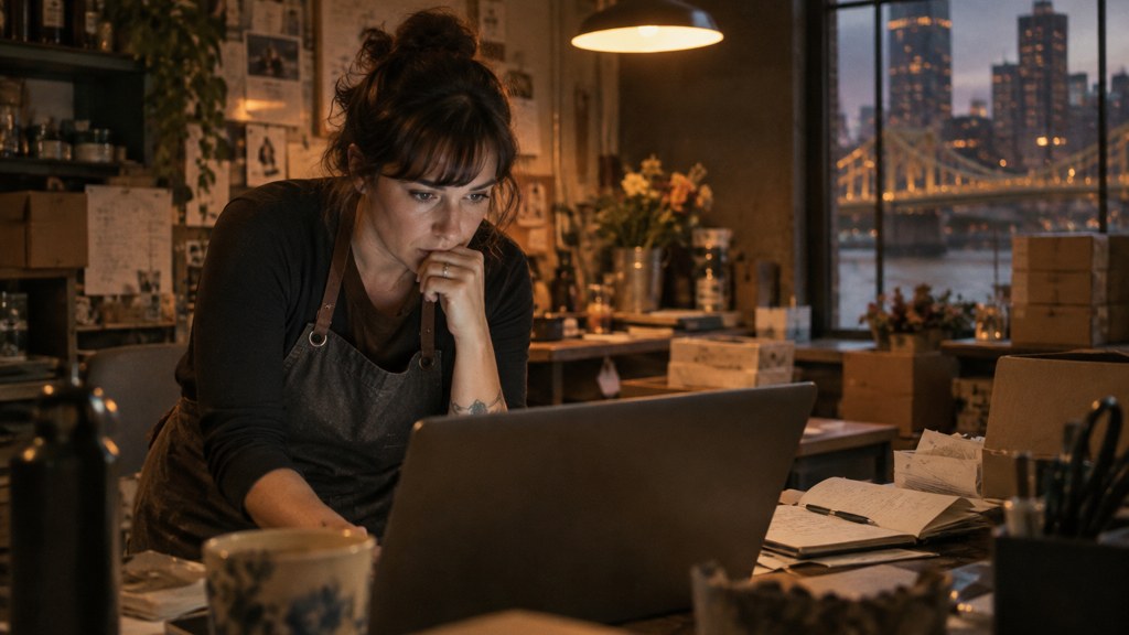 A small-business owner in an apron leaning over a laptop on a cluttered back-office desk late in the day, photographed in Pittsburgh