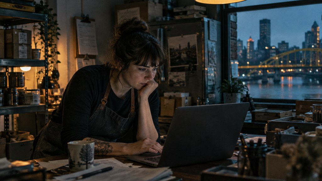 A small-business owner in an apron leaning over a laptop on a cluttered back-office desk late in the day, photographed in Pittsburgh
