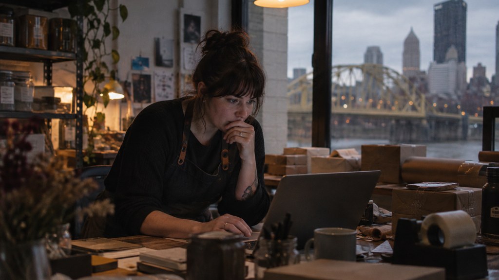 A small-business owner in an apron leaning over a laptop on a cluttered back-office desk late in the day, photographed in Pittsburgh