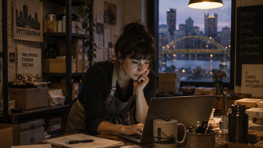 A small-business owner in an apron leaning over a laptop on a cluttered back-office desk late in the day, photographed in Pittsburgh