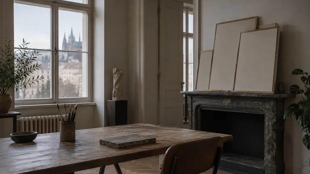 A Prague content studio desk with planning cards on dark walnut in warm lamplight