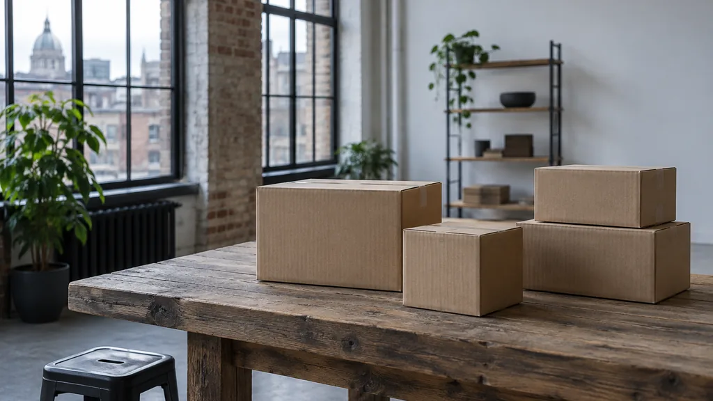 An empty workspace on a Montreal loft studio desk of reclaimed oak with plain shipping cartons beside a closed laptop in cool grey light
