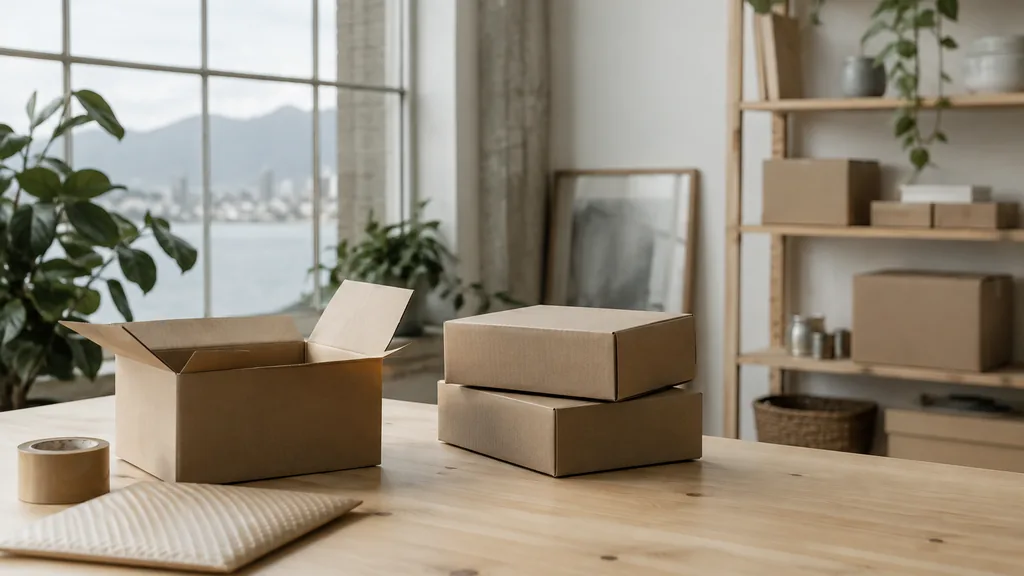 An empty workspace on a Vancouver studio desk of pale fir with unbranded parcels in soft rain light