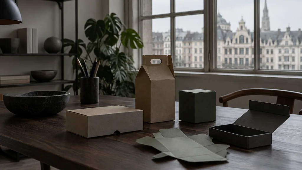 An empty workspace on a Brussels townhouse studio desk of dark walnut with folded packaging samples in flat northern light