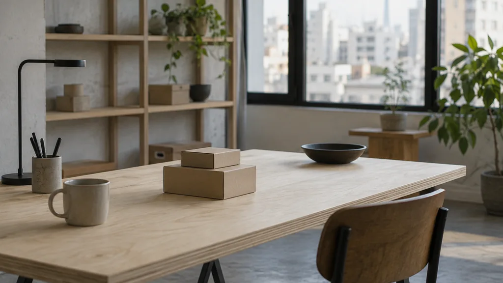 An empty workspace on a Tokyo studio desk of pale birch with small unbranded cartons in soft diffused light