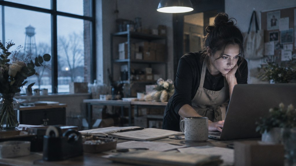 A small-business owner in an apron leaning over a laptop on a cluttered back-office desk late in the day, photographed in Plano