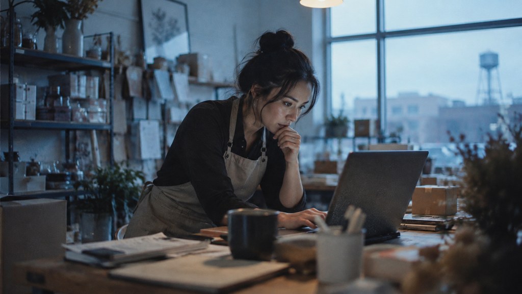 A small-business owner in an apron leaning over a laptop on a cluttered back-office desk late in the day, photographed in Plano